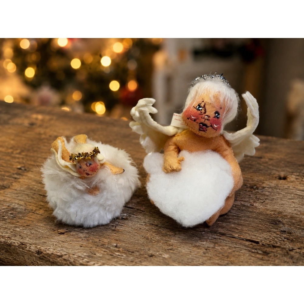 Annalee Doll Set Of 2 Angel Cherub on Fluffy Cloud Felt Figurines 1971 & 1981